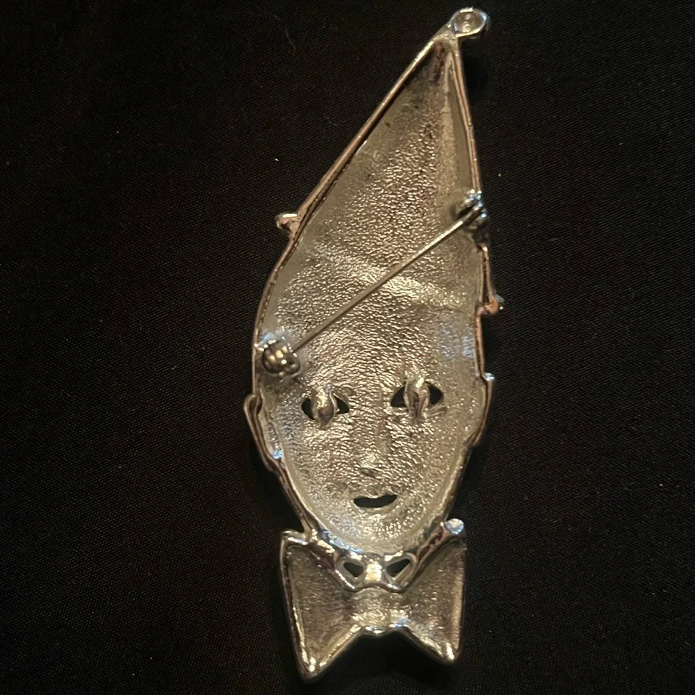 Vintage Silver Tone Clown Face Crying Brooch Purple Glitter